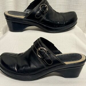 Bass Leona Clogs 8M Black Leather Mules Low Wedge Buckle Contrast Stitch 31316-0